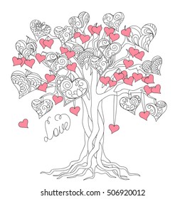 hand drawn decorated tree of love in boho ethnic style. Image for valentine day card, antistress adult coloring book, decorate bags, tunics, dress. eps 10.