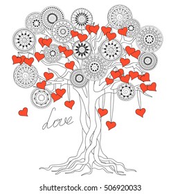 hand drawn decorated tree of love in boho ethnic style. Image for valentine day card, antistress adult coloring book, decorate bags, tunics, dress. eps 10.