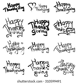 Hand drawn decorating typography on white background. Set of sketched design elements for window printing, making invitations, wall decor. Happy Thanksgiving vector phrase.