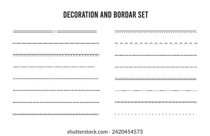 Decoración dibujada a mano y conjunto de líneas de borde vector, ondas, zigzag, bordes. y el elemento de diseño garabateado. Patrón de moda vintage geométrico. Ilustración. Pinceles a la moda estilo doodle.