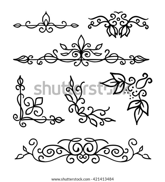 Hand drawn decoration elements, frames, page\
divider and border  vector illustration with all separated elements\
for your design