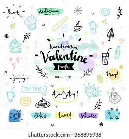 Hand drawn decoration elements with valentine's day love lettering of delicious sweets, aroma coffee and hot tea, tasty cakes. Handwritten vector drawing design set on colorful watercolor background. 