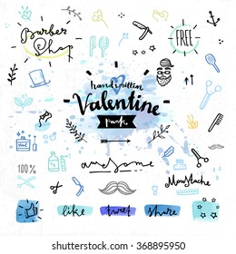 Hand drawn decoration elements with valentine's day love lettering of hair style in barber shop, grooming tools, man elegance. Handwritten vector drawing design set on colorful watercolor background. 