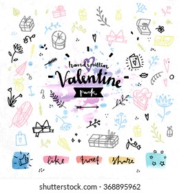Hand drawn decoration elements with valentine's day love lettering of gift box festive package, lovely presents, greeting card. Handwritten vector drawing design set on colorful watercolor background
