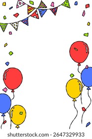 Marco de decoración dibujado a mano, fondo, confeti, guirnalda, bandera del partido, globo, Vertical