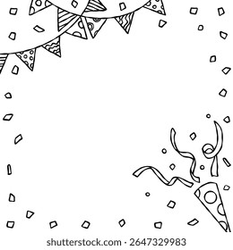 Hand Drawn Decoration Frame, Background, Line Art, Confetti, Party Popper, Garland, Party Flag, Square Size