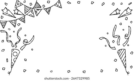 Decoração desenhada à mão Quadro, Fundo, Line Art, Confete, Party Popper, Garland, Bandeira de festa