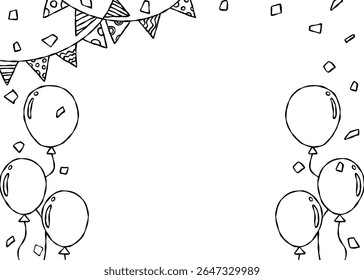 Quadro de decoração desenhado à mão, Plano de Fundo, Arte em linha, Confete, Guirlandas, Bandeira de festa, Balão