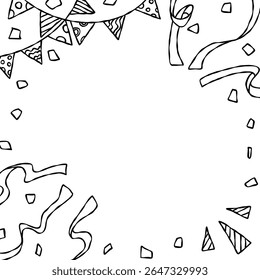 Marco de decoración dibujado a mano, fondo, arte de línea, confeti, guirnalda, bandera del partido, cinta, tamaño cuadrado