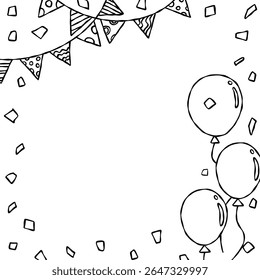 Hand Drawn Decoration Frame, Background, Line Art, Confetti, Garland, Party Flag, Balloon, Square Size
