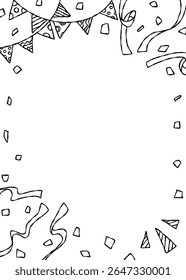 Hand Drawn Decoration Frame, Background, Line Art, Confetti, Garland, Party Flag, Ribbon, Vertical