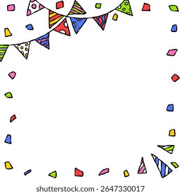 Hand Drawn Decoration Frame, Background, Confetti, Garland, Party Flag, Square Size