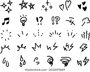 Hand drawn decoration set. Cute line art. Illustrations of symbols such as stars, hearts. Pen-drawn emotion icons.