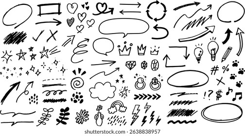 Hand drawn decoration set. Speech bubbles, arrows, stars, hearts, gems, crowns etc. Pen drawn emotion icons. Cute line art.