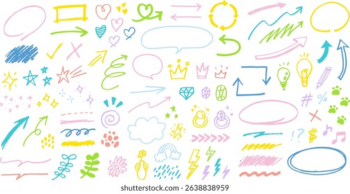 Hand drawn decoration set. Speech bubbles, arrows, stars, hearts, gems, crowns etc. Pen drawn emotion icons. Cute line art.