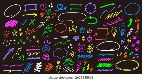 Hand drawn decoration set. Speech bubbles, arrows, stars, hearts, gems, crowns etc. Pen drawn emotion icons. Cute line art.