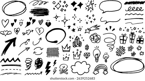 Hand drawn decoration set. Speech bubbles, arrows, stars, hearts, gems, crowns etc. Pen drawn emotion icons. Cute line art.