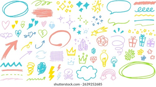 Hand drawn decoration set. Speech bubbles, arrows, stars, hearts, gems, crowns etc. Pen drawn emotion icons. Cute line art.