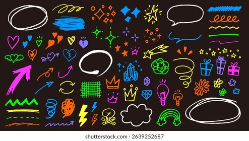 Hand drawn decoration set. Speech bubbles, arrows, stars, hearts, gems, crowns etc. Pen drawn emotion icons. Cute line art.