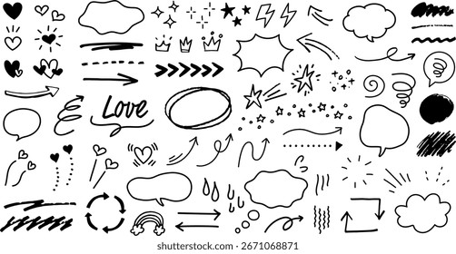 Handgezeichnetes Deko-Set. Sprechblasen, Pfeile, Sterne, Herzen, Unterstriche. Stiftzeichnete Emotionssymbole. Nette Linienkunst.