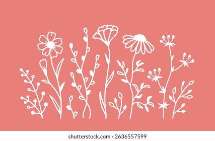 Hand drawn decoration wildflowers set silhouettes, branches, plants and herbs with leaves, blooming flowers, field grass, decoration botanical elements