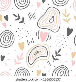Hand drawn decorative abstract kids seamless pattern for print, textile, apparel design. Modern cute girly background.