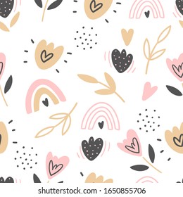 Hand Drawn Decorative Abstract Kids Seamless Pattern For Print, Textile, Apparel Design. Modern Cute Girly Background.