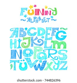Hand drawn decorative alphabet. Sketchy ABC letters and numerals. Colorful elements isolated on white