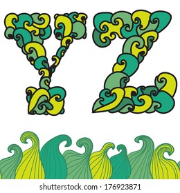 hand drawn decorative alphabet wave letters Y, Z, with abstract wave seamless pattern