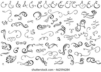 Hand drawn decorative ampersands, curls and swirls collection. Vintage vector design elements. Ink illustration.