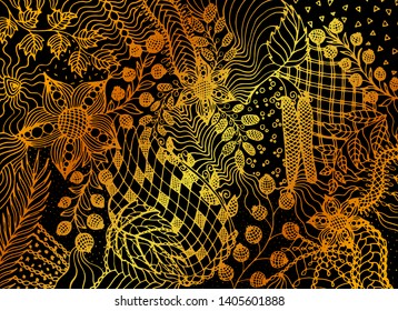 Hand drawn decorative backdrop with different nature elements in doodle style. Textured gold colored vector illustration on black background