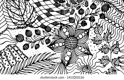 Hand drawn decorative backdrop with nature elements in doodle style. Textured black vector illustration on white background