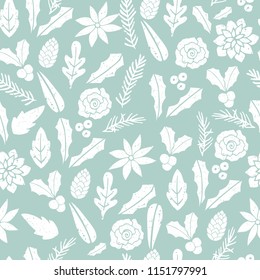 Hand drawn decorative background with leaves, flowers, plants. Vector seamless pattern. 
