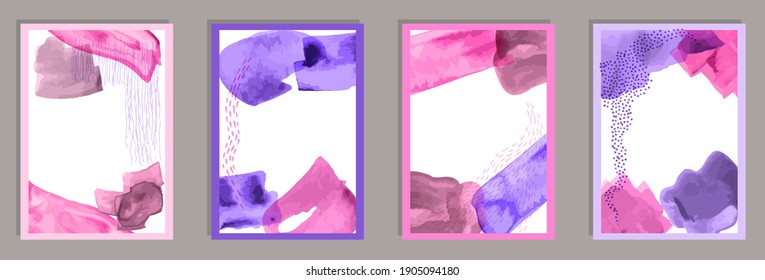 Colección vectorial de banners decorativos dibujados a mano. Collage de salpicaduras de color de agua. marcos de estilo de los años 60. Excelentes plantillas artísticas de portada. Elementos de trazo de pincel.