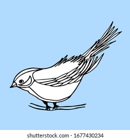 Hand drawn decorative bird isolated on light blue. A bird sits on a branch. Vector doodle illustration with cute bird for cards, design, fabric, textile, coloring book.