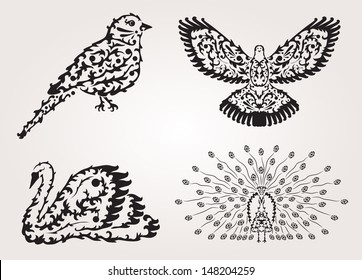 hand drawn decorative birds, design elements