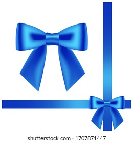 Hand drawn decorative blue colored bow ribbon. Bow page decoration, packaging, invitation elements, Christmas, Valentine, birthday, holiday gift wrapping elements