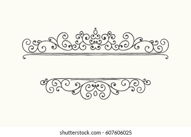 Hand drawn decorative border in grunge retro style. Elegant vintage calligraphic vignette or divider for greeting card, banner, retro party, wedding invitation, menu, postcard. Vector illustration.