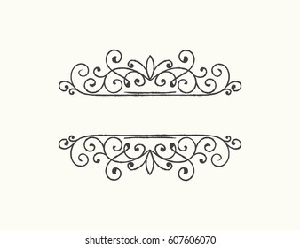 Hand drawn decorative border in grunge retro style. Elegant vintage calligraphic vignette or divider for greeting card, banner, retro party, wedding invitation, menu, postcard. Vector illustration.