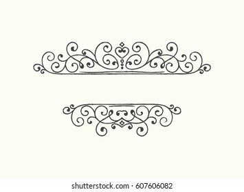 Hand drawn decorative border in grunge retro style. Elegant vintage calligraphic vignette or divider for greeting card, banner, retro party, wedding invitation, menu, postcard. Vector illustration.