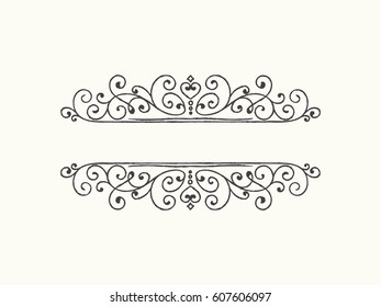 Hand drawn decorative border in grunge retro style. Elegant vintage calligraphic vignette or divider for greeting card, banner, retro party, wedding invitation, menu, postcard. Vector illustration.