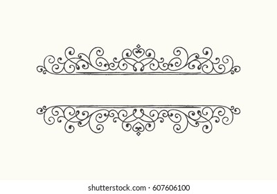 Hand drawn decorative border in grunge retro style. Elegant vintage calligraphic vignette or divider for greeting card, banner, retro party, wedding invitation, menu, postcard. Vector illustration.