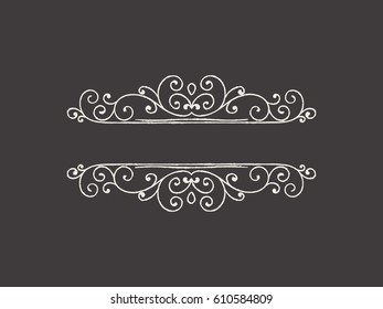 Hand drawn decorative border in grunge retro style. Elegant vintage calligraphic vignette or divider for greeting card, banner, retro party, wedding invitation, menu, postcard. Vector illustration.