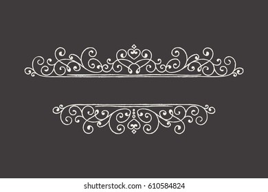 Hand drawn decorative border in grunge retro style. Elegant vintage calligraphic vignette or divider for greeting card, banner, retro party, wedding invitation, menu, postcard. Vector illustration.