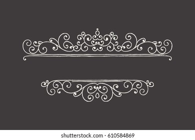 Hand drawn decorative border in grunge retro style. Elegant vintage calligraphic vignette or divider for greeting card, banner, retro party, wedding invitation, menu, postcard. Vector illustration.