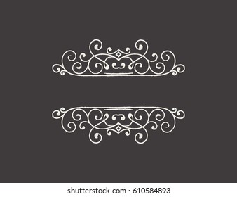 Hand drawn decorative border in grunge retro style. Elegant vintage calligraphic vignette or divider for greeting card, banner, retro party, wedding invitation, menu, postcard. Vector illustration.