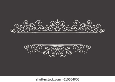 Hand drawn decorative border in grunge retro style. Elegant vintage calligraphic vignette or divider for greeting card, banner, retro party, wedding invitation, menu, postcard. Vector illustration.