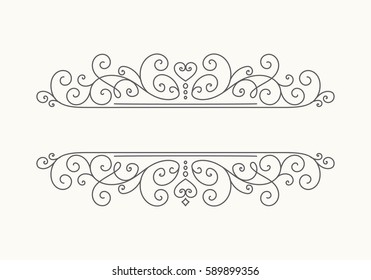 Hand drawn decorative border in retro style with editable stroke. Vintage calligraphic vignette or divider for greeting card, banner, party, wedding invitation, menu, postcard. Vector illustration.