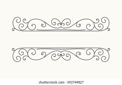 Hand drawn decorative border in retro style with editable stroke. Vintage calligraphic vignette or divider for greeting card, banner, party, wedding invitation, menu, postcard. Vector illustration.