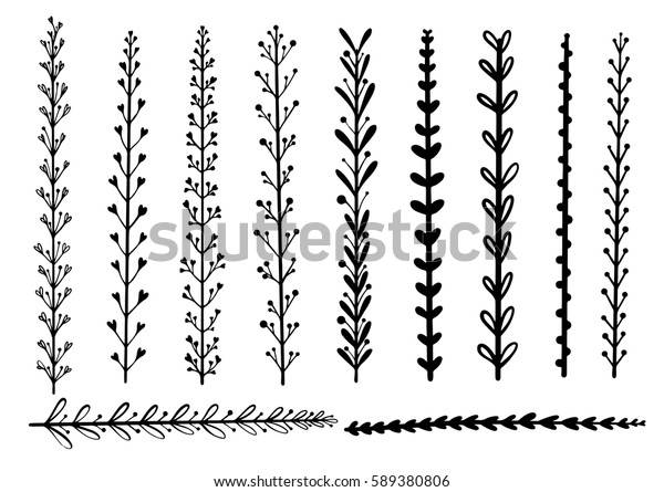 Hand drawn decorative\
borders, plant branches, twigs design element set. Isolated on a\
white background.